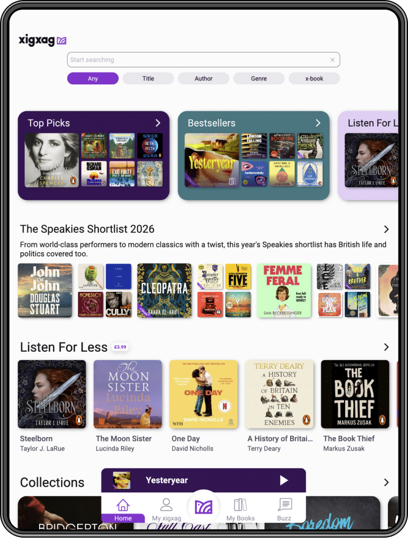 xigxag app home screen showing Top Picks, Bestsellers and Listen for Less