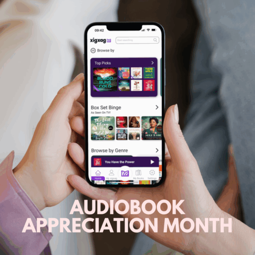 person holding a phone displaying the xigxag audiobook app