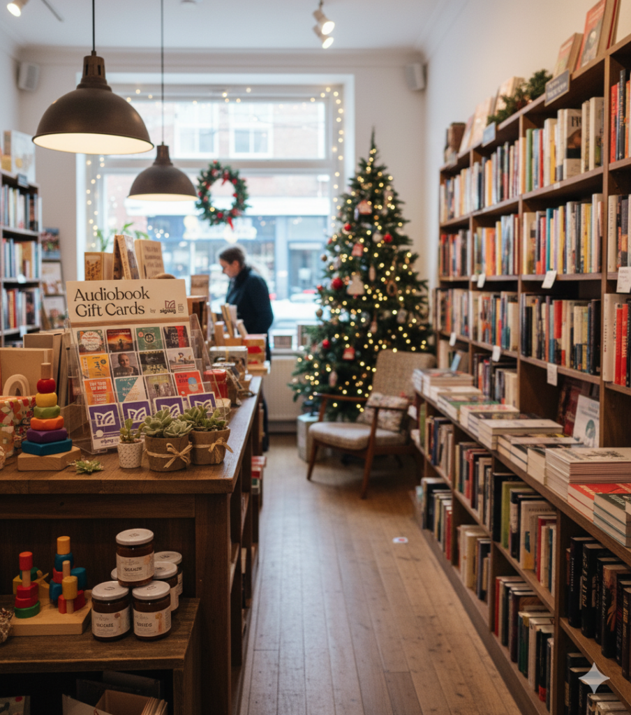 Image of a cosy bookshop at Christmas with a tabletop display of xigxag digital gift cards