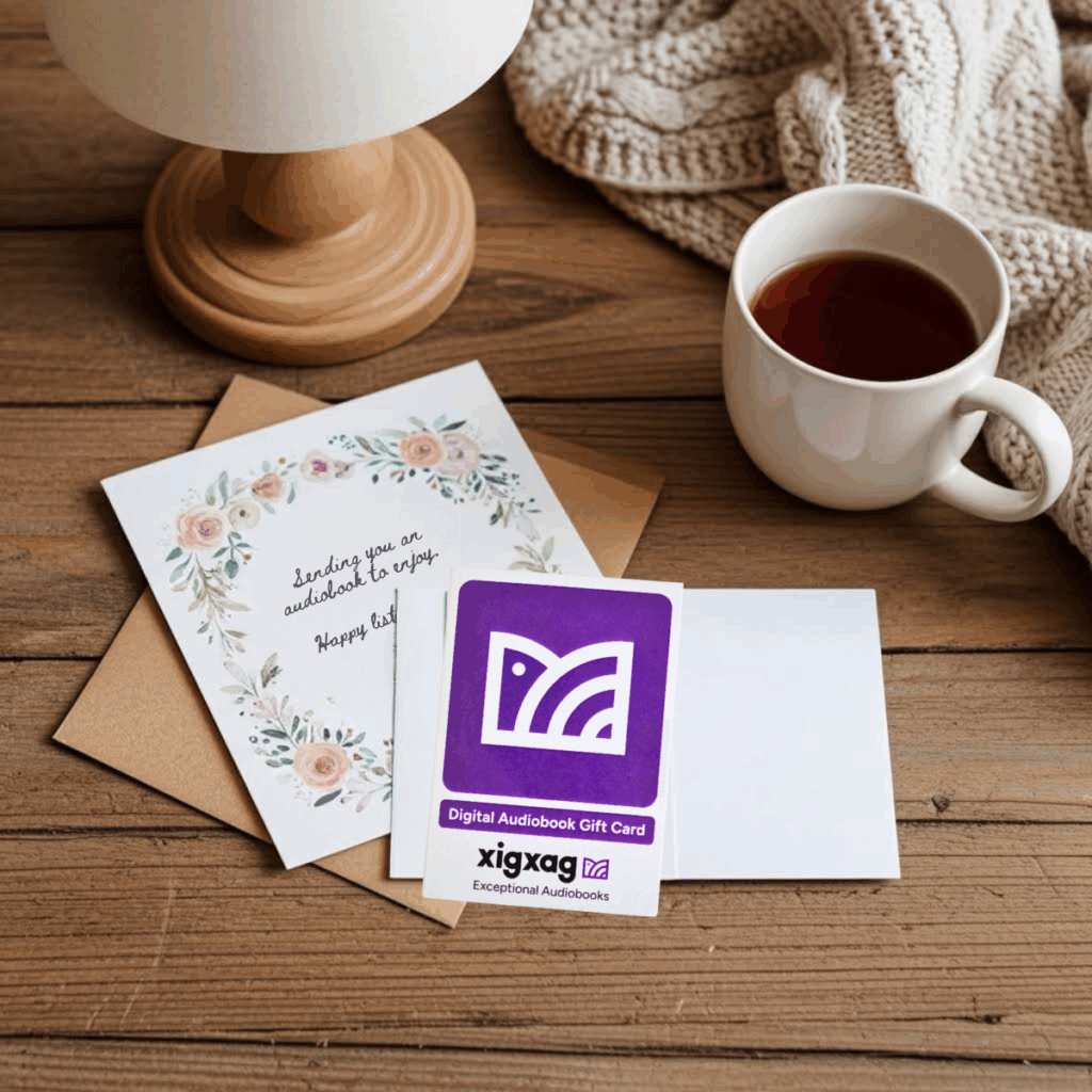 A xigxag audiobook gift card with a greetings card