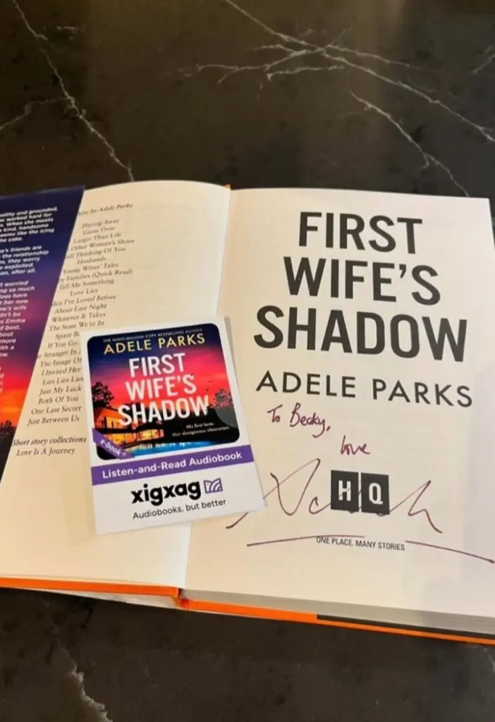 A signed copy of Adele Parks' First Wife's Shadow alongside a xigxag Audiobook Gift Card of Adele Parks' First Wife's Shadow