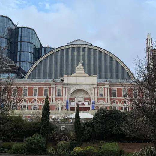 London Olympia with blue skies in background and a Welcome to London Book Fair 2026 sign