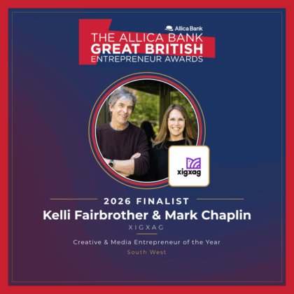 xigxag co-founders Mark Chaplin and Kelli Fairbrother, 2026 finalists in the Allica Bank Great British Entrepreneur Awards, Creative & Media Entrepreneur of the Year, South West region. Dark navy background with the GBEA branding and the xigxag logo.