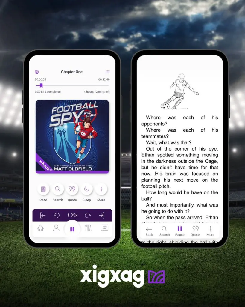 Two smartphones featuring Matt Oldfield's audiobook Football Spy: Red Card as seen in the xigxag app, with one view of the player screen and one view of the text and illustrations in the book. The background is a floodlit football pitch ender an ominous cloudy sky