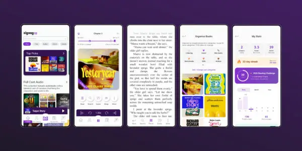 Five xigxag app screens on a dark purple background showing, left to right: the home screen with search, Top Picks and Full Cast Audio collections; the audiobook player with Yesteryear by Aro Claire Burke and controls for Read, Search, Quote and Sleep; the x-book listen-and-read view with synchronised text; the Organise Books screen with categories including Listening, Loved, Kids books, Gifts and Archive; and My Stats showing a 33-day listening streak, a 2026 Reading Challenge at 78% complete, and weekly listening activity.