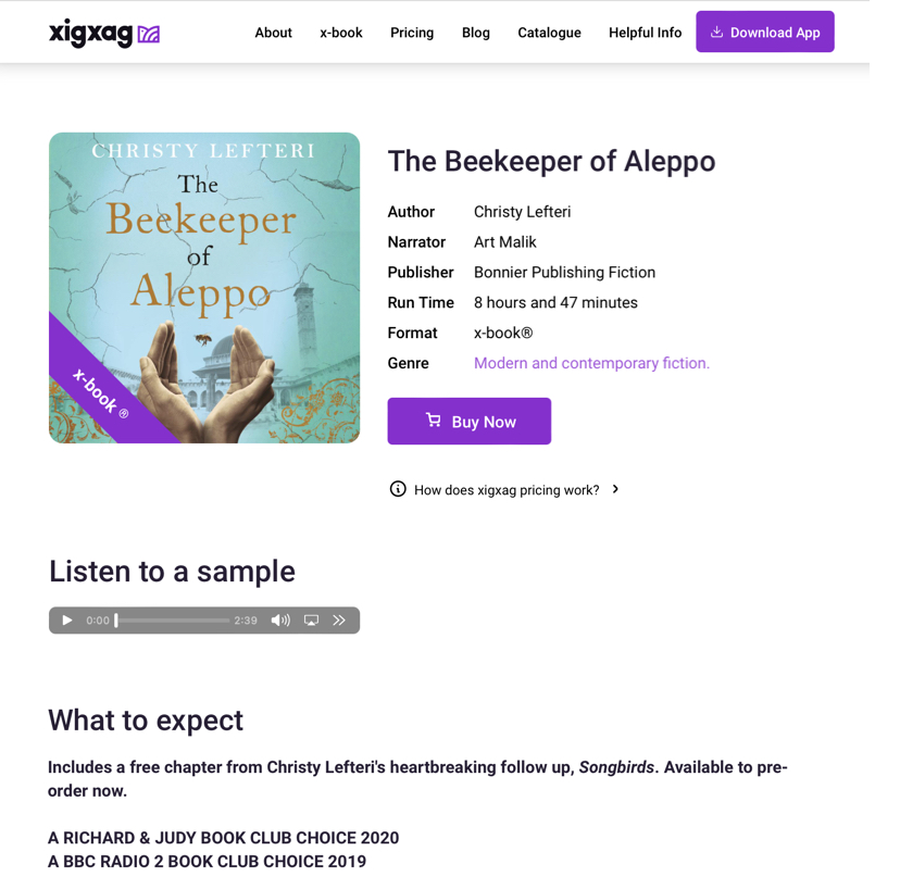Screenshot of The Beekeeper of Aleppo by Christy Leferti book page on the xigxag website showing "Buy Now" button and listen to a sample