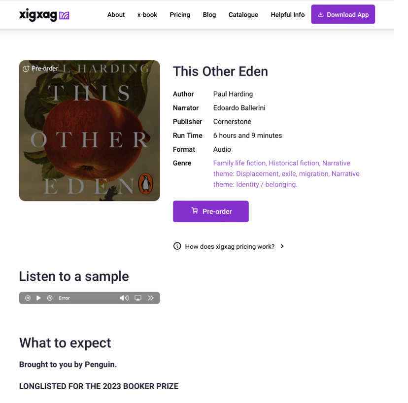 Screenshot of This Other Eden by Paul Harding's book page on the xigxag website showing "Pre-Order" button and listen to a sample