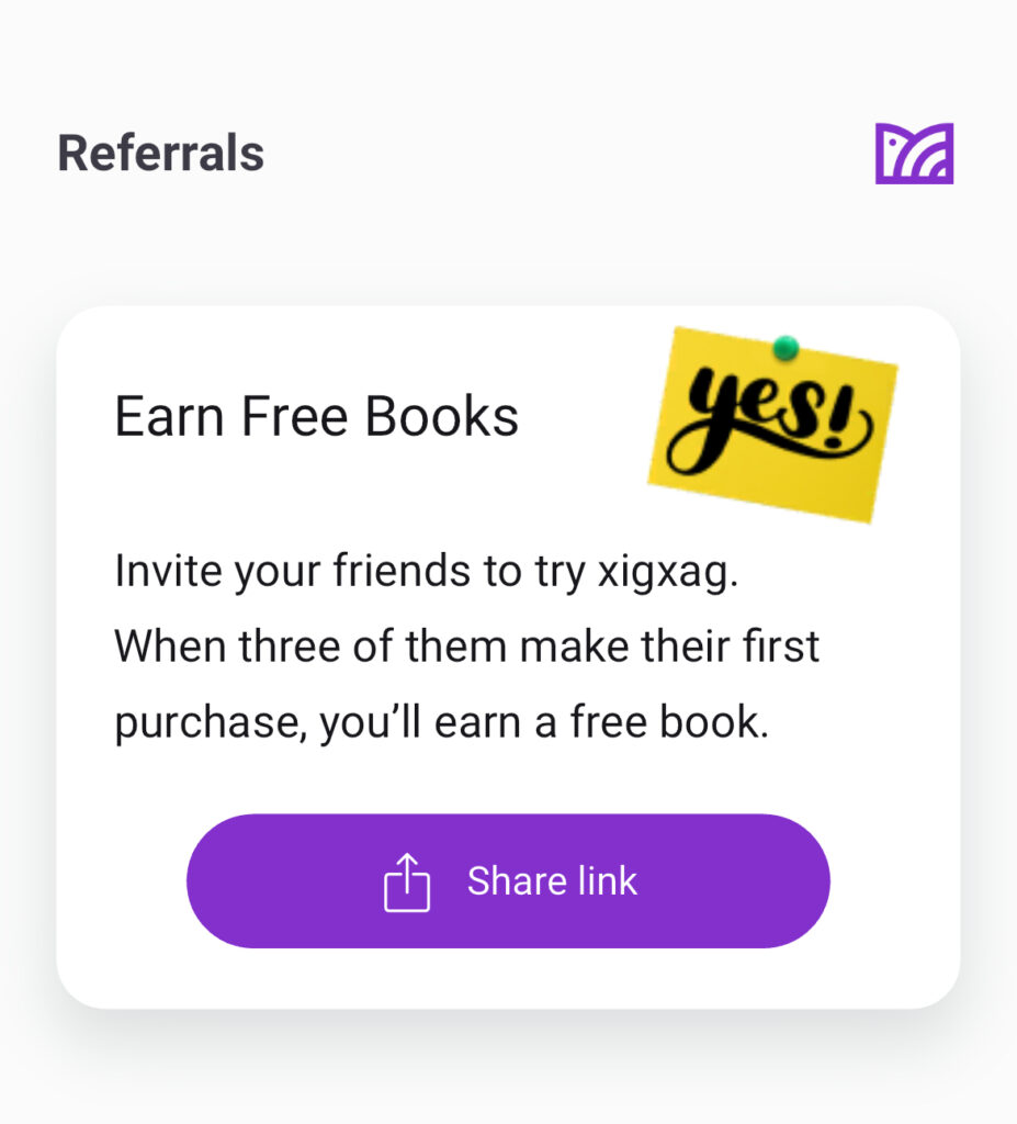 Screenshot of xigxag referral programme, where listeners can earn free books and offer their friends discounted prices for audiobooks.
