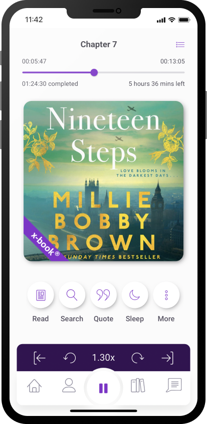xigxag phone screen on player page, showing Millie Bobby Brown's Nineteen Steps Audiobook and Ebook in one.