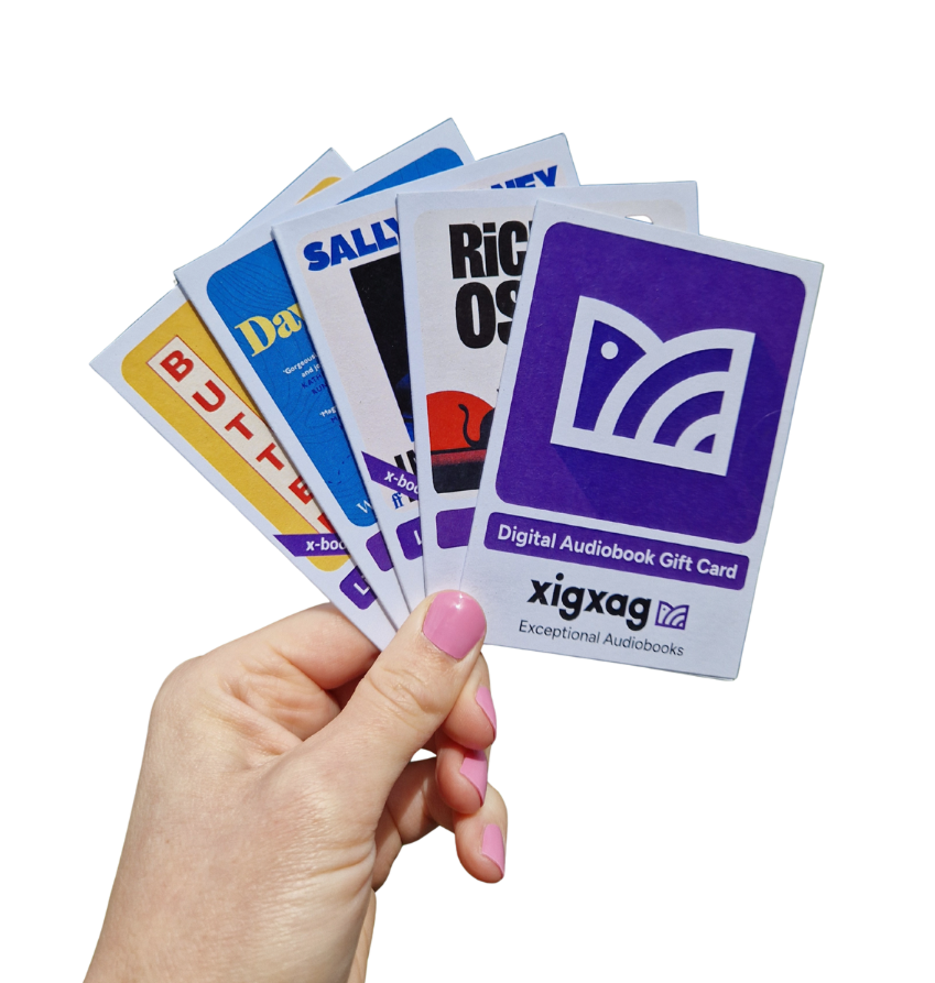 5 audiobook gift cards in a woman's left hand