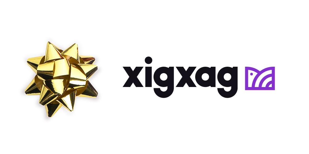 gold metallic bow next to xigxag logo