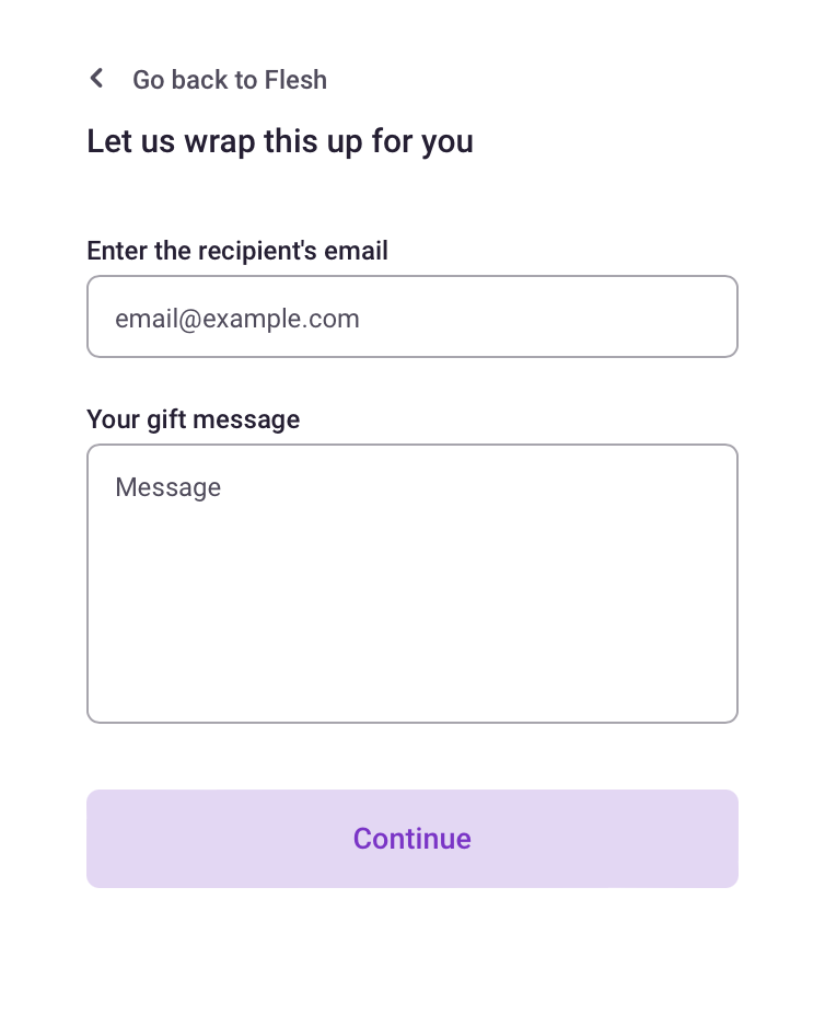 Check out process showing boxes to enter the recipient's email, a gift message and a 'continue' button.