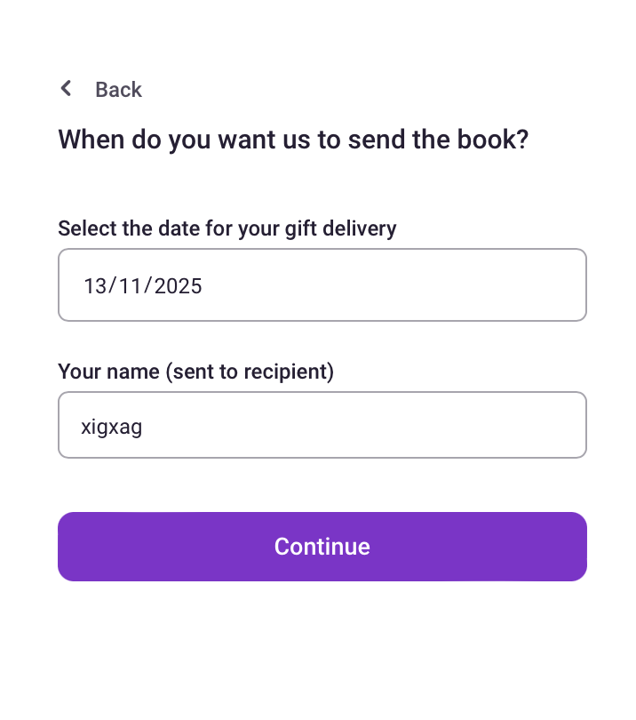 xigxag gift check out flow page asking for a user to select the date on which to send the gift and the sender's name