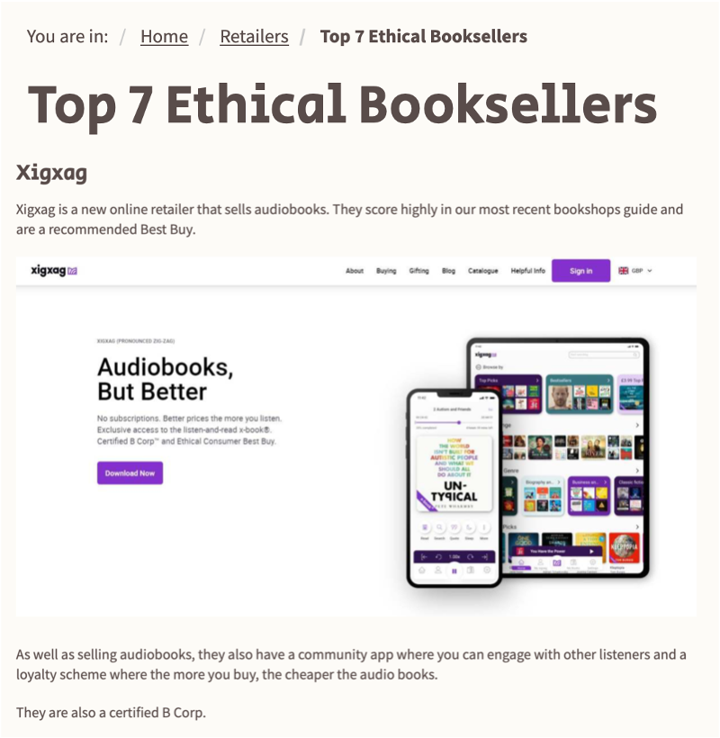 Top 7 Ethical Booksellers Headline xigxag shown with screenshot of xigxag website with tablet showing xigxag audiobook app home screen and iphone showing Untypical Audiobook playing in the xigxag app