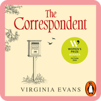 The Correspondent audiobook by Virginia Evans, narrated by a full cast. Cream cover with a hand-drawn illustration of a bird perched on a rustic post box, with a Women's Prize for Fiction 2026 winner badge. Published by Penguin.
