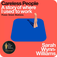 Audiobook cover for Careless People by Sarah Wynn-Williams, narrated by the author. A coral background with a closed blue laptop, the subtitle "A story of where I used to work. Power. Greed. Madness." and a British Book Award Winner badge.