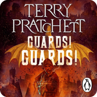 Audiobook cover for Guards! Guards! by Terry Pratchett, narrated by Jon Culshaw. A dragon silhouette looming over a fiery golden cityscape, Penguin edition.