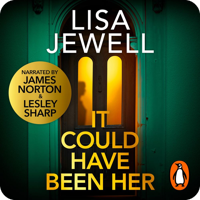 Audiobook cover for It Could Have Been Her by Lisa Jewell, narrated by James Norton, Lesley Sharp, and a full cast. A dark green front door with a brass door knocker, shot straight on.