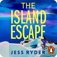 Audiobook cover for The Island Escape by Jess Ryder, narrated by Erifyli Gigante. A woman stands on white-washed steps overlooking the sea with a blue-domed Greek island building, against a golden sunset sky with a Penguin logo