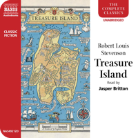 Audiobook cover for Treasure Island by Robert Louis Stevenson, read by Jasper Britton. A hand-drawn treasure map with compass rose and sailing ships, in a Naxos Complete Classics Unabridged edition with a Classic Fiction badge.
